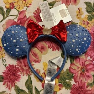 Disney Snow White Blue Jeweled Minnie Mouse Ear Headband with Red Bow